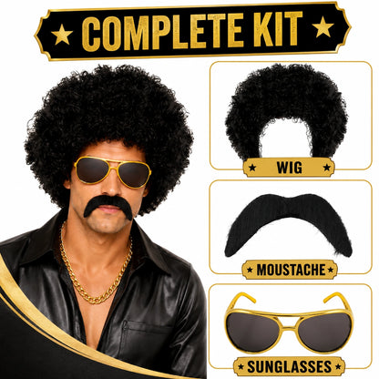 Adult 70s 80s Afro Wig Costume Kit with Moustache & Sunglasses | Black Curly Disco Hippie Retro Fancy Dress Party Set