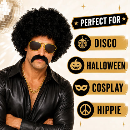 Adult 70s 80s Afro Wig Costume Kit with Moustache & Sunglasses | Black Curly Disco Hippie Retro Fancy Dress Party Set
