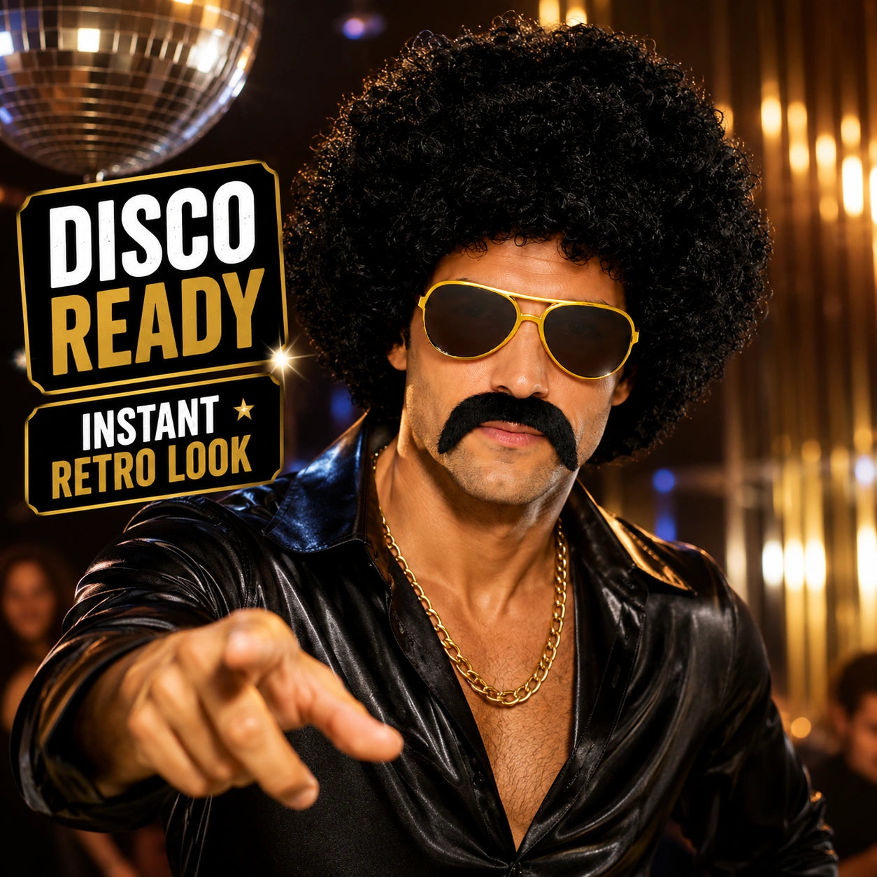 Adult 70s 80s Afro Wig Costume Kit with Moustache & Sunglasses | Black Curly Disco Hippie Retro Fancy Dress Party Set