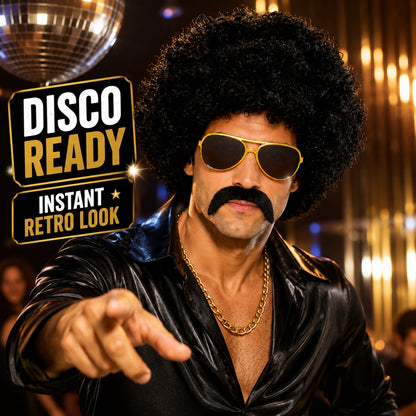 Adult 70s 80s Afro Wig Costume Kit with Moustache & Sunglasses | Black Curly Disco Hippie Retro Fancy Dress Party Set