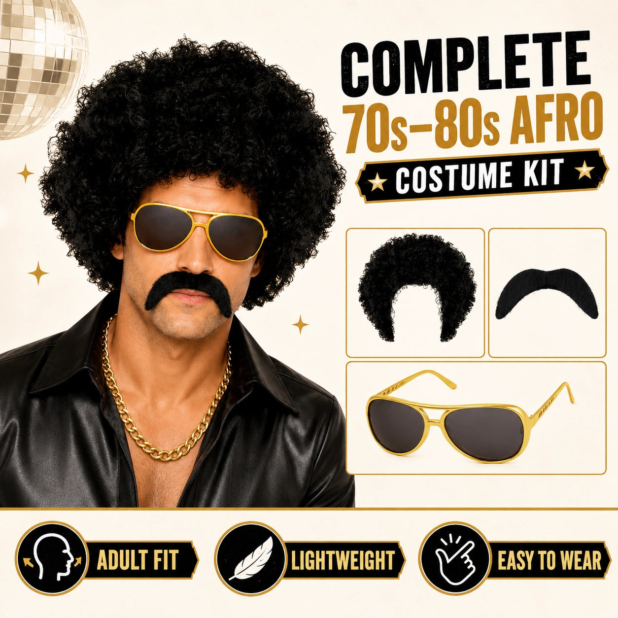 Adult 70s 80s Afro Wig Costume Kit with Moustache & Sunglasses | Black Curly Disco Hippie Retro Fancy Dress Party Set
