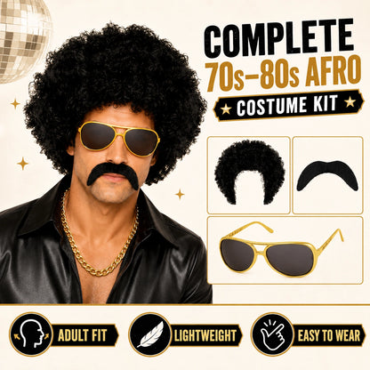 Adult 70s 80s Afro Wig Costume Kit with Moustache & Sunglasses | Black Curly Disco Hippie Retro Fancy Dress Party Set