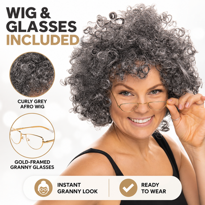 Adult Women’s Grey Granny Afro Wig & Glasses Set | Old Lady Fancy Dress Wig for World Book Day, Halloween, Cosplay & Costume Parties
