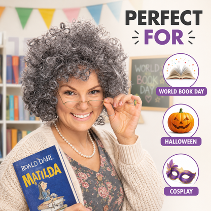 Adult Women’s Grey Granny Afro Wig & Glasses Set | Old Lady Fancy Dress Wig for World Book Day, Halloween, Cosplay & Costume Parties