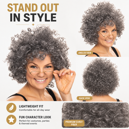 Adult Women’s Grey Granny Afro Wig & Glasses Set | Old Lady Fancy Dress Wig for World Book Day, Halloween, Cosplay & Costume Parties