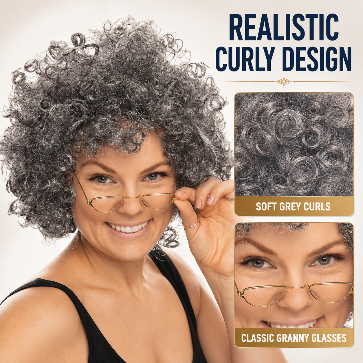 Adult Women’s Grey Granny Afro Wig & Glasses Set | Old Lady Fancy Dress Wig for World Book Day, Halloween, Cosplay & Costume Parties