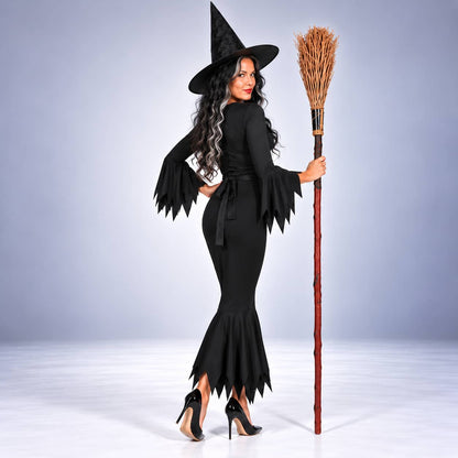 Women’s Wicked Witch Costume, Black Gown Dress with Pointed Hat for Halloween & Fancy Dress Parties
