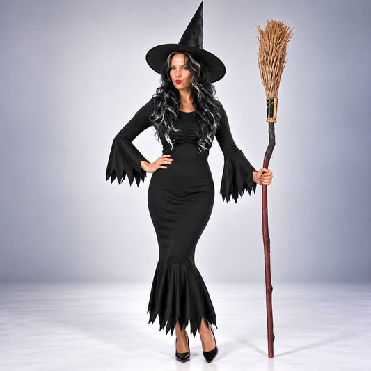 Women’s Wicked Witch Costume, Black Gown Dress with Pointed Hat for Halloween & Fancy Dress Parties