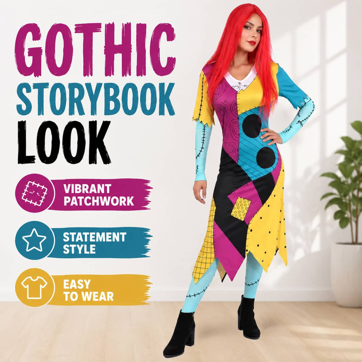 Patch Dress-Red Wig-Socks.Gloves