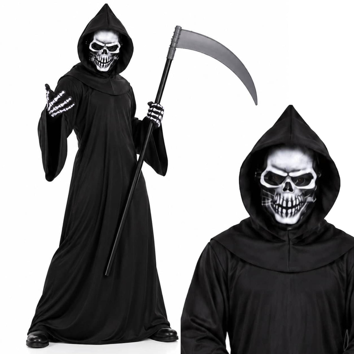 Grim Reaper Costume Set with Hooded Robe, Mask, Gloves & Scythe