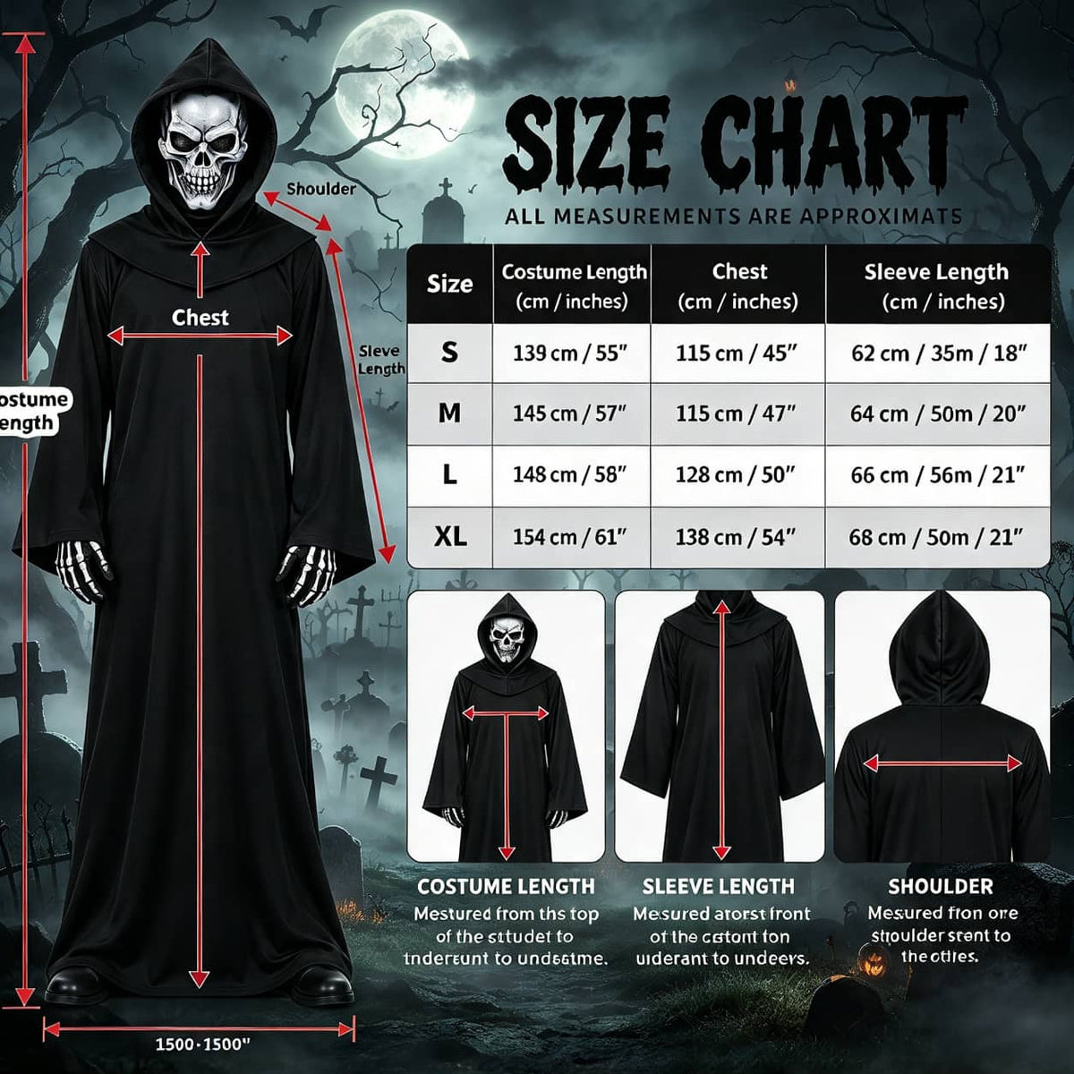 Grim Reaper Costume Set with Hooded Robe, Mask, Gloves & Scythe