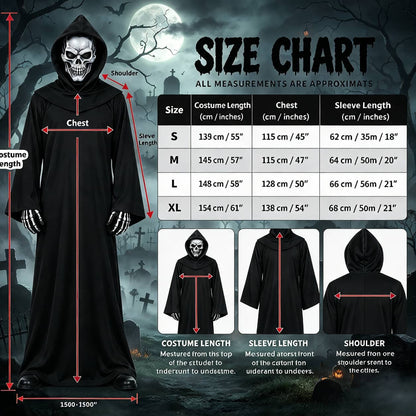 Grim Reaper Costume Set with Hooded Robe, Mask, Gloves & Scythe