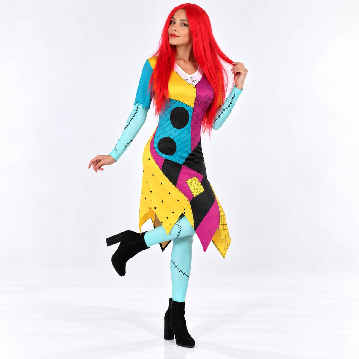 Patch Dress-Red Wig-Socks.Gloves