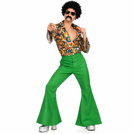 A man modeling a 1970s-style costume consisting of bright green flared pants, a multicolor retro patterned button-up shirt, a black afro wig, sunglasses, and a fake mustache, posed against a plain white background.