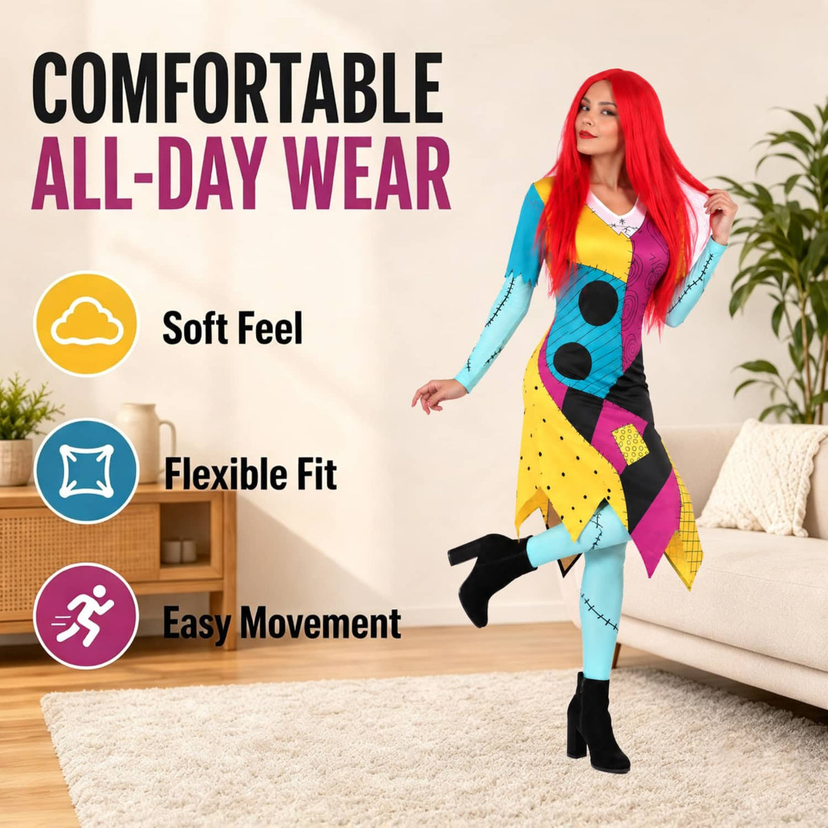 Patch Dress-Red Wig-Socks.Gloves