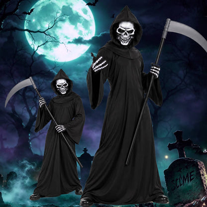 Grim Reaper Costume Set with Hooded Robe, Mask, Gloves & Scythe