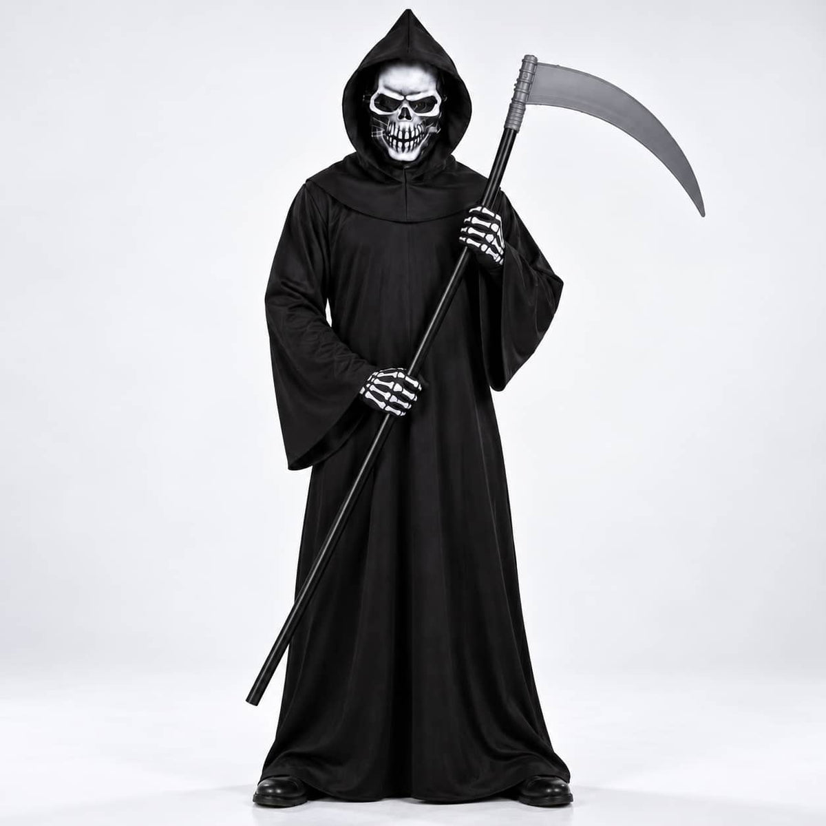 Grim Reaper Costume Set with Hooded Robe, Mask, Gloves & Scythe