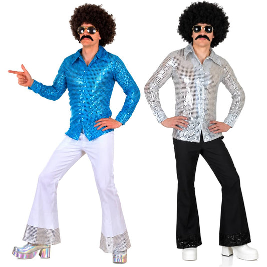 Men’s 70s Disco Costume, Shiny Sequin Shirt & Flared Trousers Retro Fancy Dress Outfit